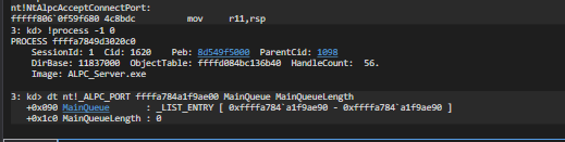 NtAlpcAcceptConnectPort hit — ALPC_Server.exe context