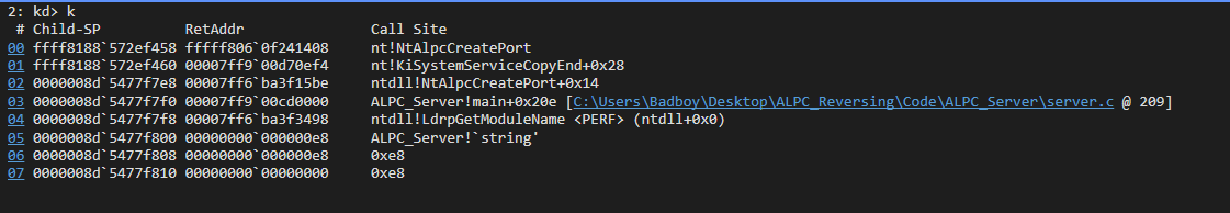 Call stack — server.c → ntdll stub → syscall → kernel