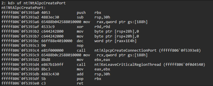 uf nt!NtAlpcCreatePort — wrapper around AlpcpCreateConnectionPort