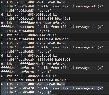 Walking all 5 messages — payloads dumped