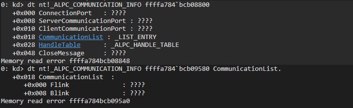 CommunicationInfo structures freed — Memory read error
