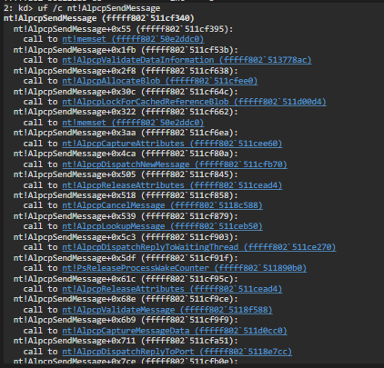 uf /c AlpcpSendMessage — full call tree