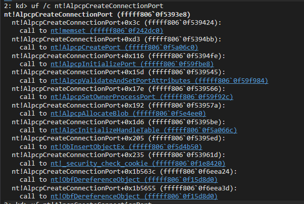 uf /c — all function calls inside AlpcpCreateConnectionPort