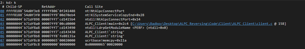 Call stack at NtAlpcConnectPort — from ALPC_Client!main